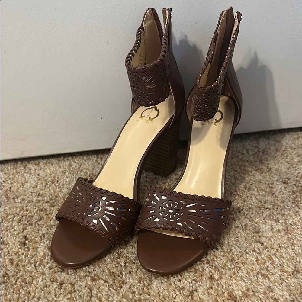C. Wonder Brown Heels with Decorative Pattern